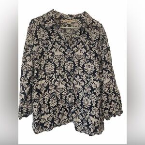 David Brooks Womam Linen Blouse 2X Navy White Floral Vine Print 3/4 Sleeve